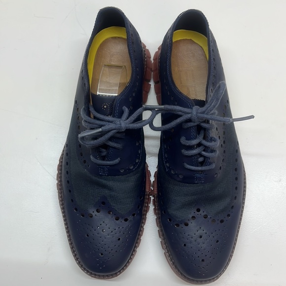 Cole Haan Navy ZEROGRAND Wingtip Oxford Leather & Canvas Eyelet Shoes Size 7 - Picture 2 of 10
